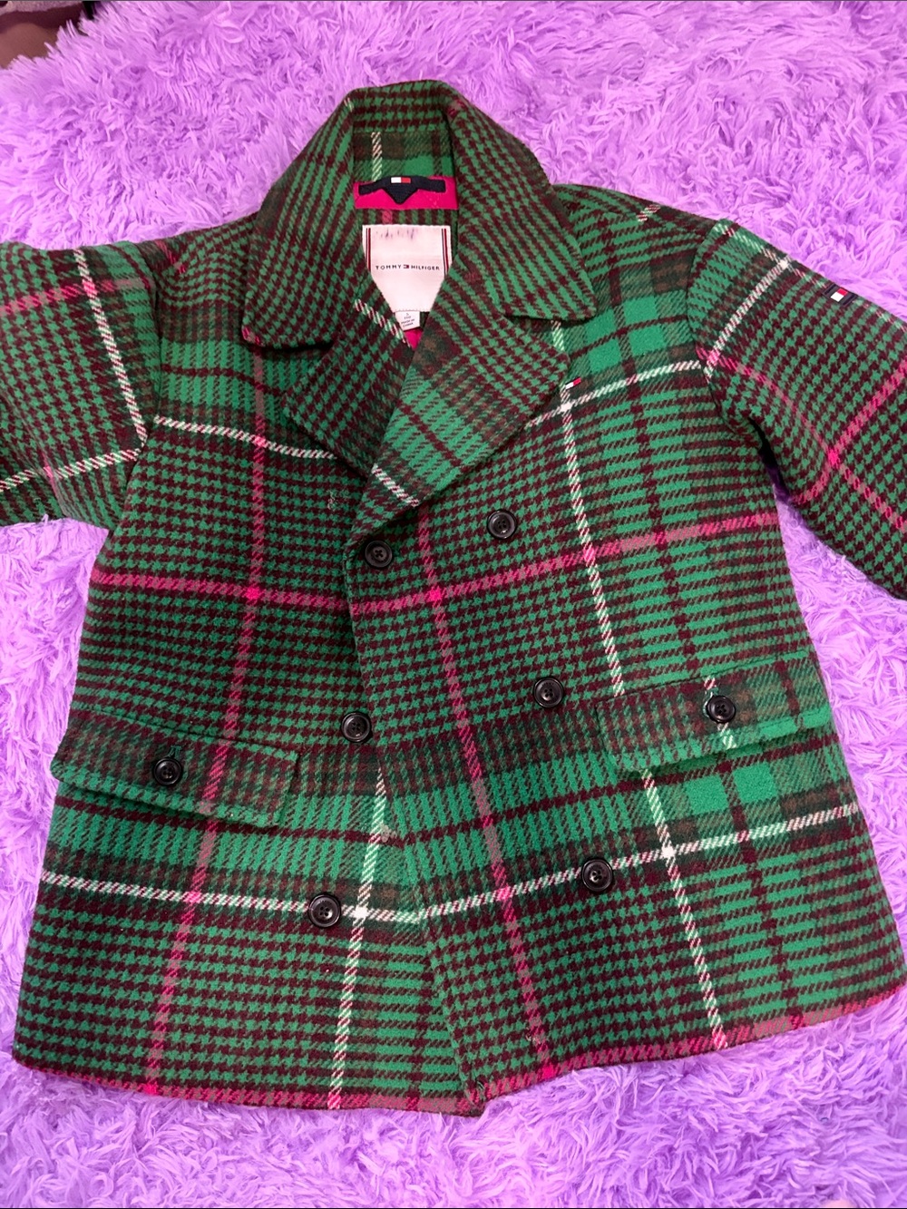 Tommy Hilfiger Green Plaid Double-Breasted Pea Coat with Pink Accents
